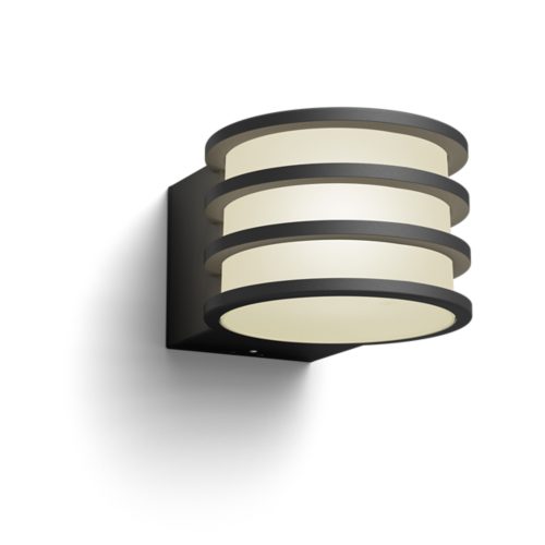 Lucca wall lantern, cylindrical shape with anthracite finish, features three horizontal bands and a frosted diffuser.