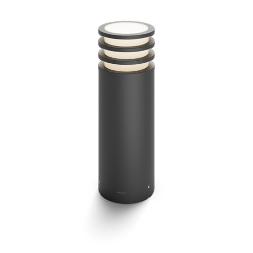 Lucca pedestal light, cylindrical shape, anthracite color, matte finish, features circular top diffuser and horizontal rings.