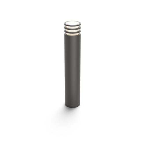 Lucca post light, cylindrical shape, anthracite color, matte finish, round top with horizontal rings, no visible switches or ports.