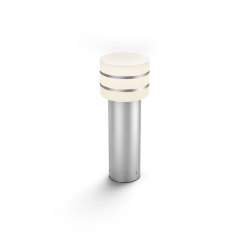 Tuar pedestal light, cylindrical shape, stainless steel finish, white top with two metallic bands, compact design, no visible switches.