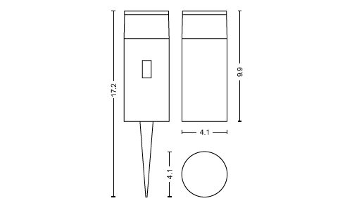 Technical drawing showing dimensions and layout of a rectangular outdoor light with ground spike, side and top views are included.