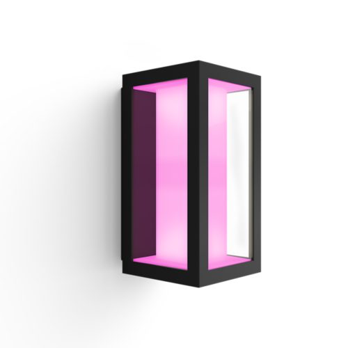 Rectangular black wall lantern with glossy finish, featuring visible pink illumination inside and transparent side panels.