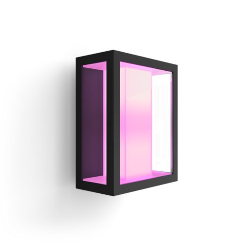 Rectangular wall lantern with a black matte frame and glass panels, emitting pink light, designed for outdoor mounting.