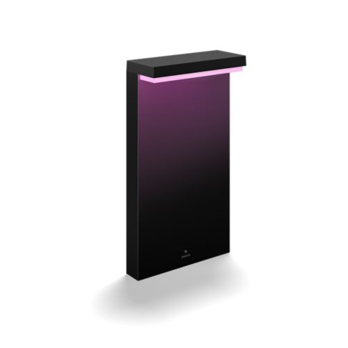 Rectangular black pedestal light with a matte finish, featuring a flat top and a visible pink illuminated strip underneath.