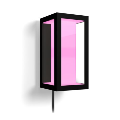 Impress wall lantern, rectangular shape, black finish, visible pink illuminated panel, compact design, no visible switches or ports.