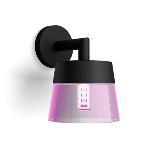 Attract wall lantern, cylindrical shape, black matte finish, transparent shade, visible LED light source, mounted on wall.