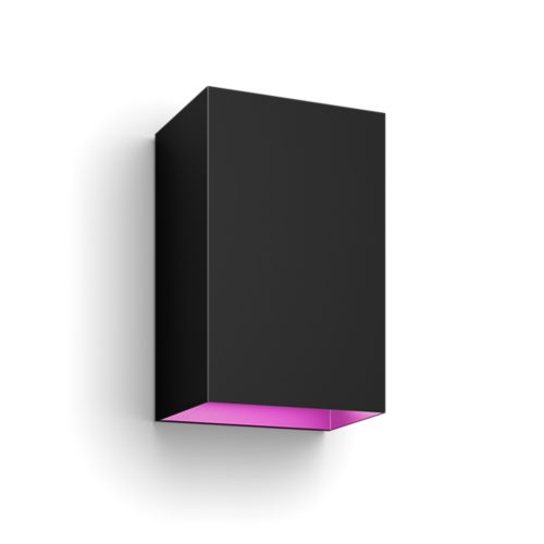 Square black wall lantern with matte finish, compact shape, and visible purple light emitted from the bottom opening.