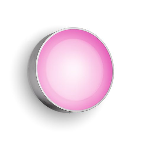Round wall light with stainless steel finish, emitting pink illumination, featuring a compact circular design without visible switches.