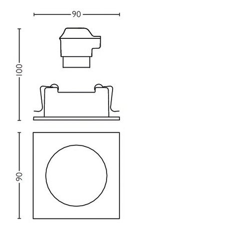 Technical drawing showing dimensions and layout of a recessed square smart downlight with top, side, and front views labeled in millimeters.