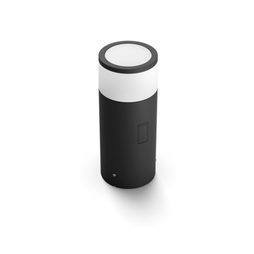 Black cylindrical outdoor smart light with matte finish, white top diffuser, and visible panel on the side.