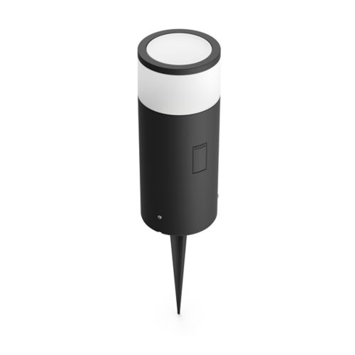 Black cylindrical outdoor smart light with matte finish, white top diffuser, and pointed stake base, featuring a rectangular panel.