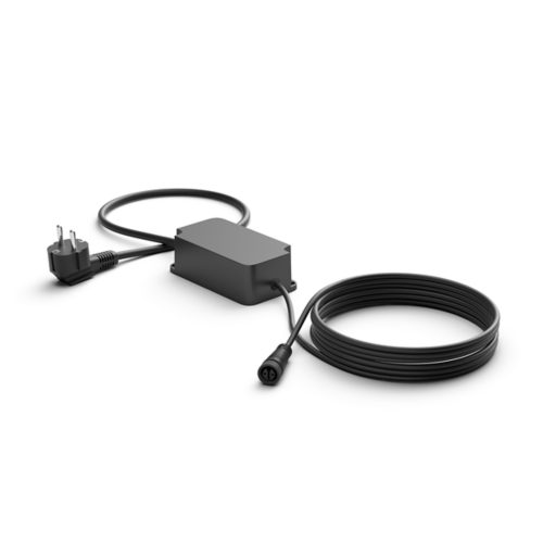 Black power supply unit with rectangular shape, matte finish, integrated plug, and long cable with connector for smart lighting accessories.