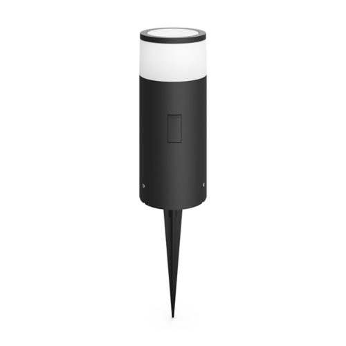Black cylindrical outdoor pathway light with matte finish, white top diffuser, integrated stake, and visible rectangular panel.