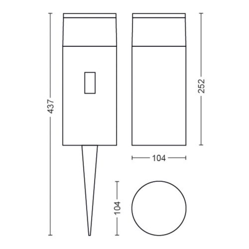 Technical drawing of a rectangular outdoor light with stake, showing front, side, and top views with labeled dimensions in millimeters.