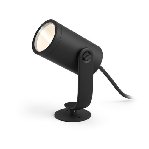 Black outdoor spotlight with cylindrical shape, matte finish, adjustable mount, and visible power cable attached to the base.