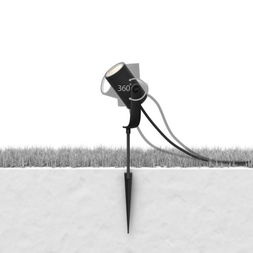 Outdoor spotlight with adjustable head mounted on a stake, positioned in soil near grass, cables connected at the back, 360° text visible.