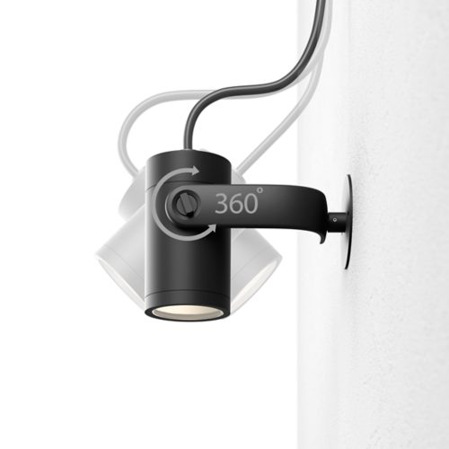 Black cylindrical spotlight with matte finish, wall-mounted, featuring a visible 360° rotation marking and attached power cable.