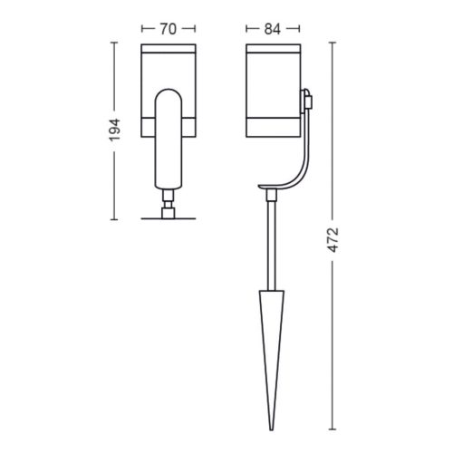 Technical drawing of a cylindrical outdoor spotlight with stake, showing front and side views with labeled height and width measurements.