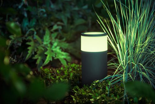 Outdoor cylindrical smart light with illuminated top section, placed among garden plants and grass, casting light on surrounding foliage.