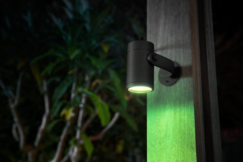 Black cylindrical outdoor spotlight mounted on a wooden surface, casting green light onto the wall and nearby area.