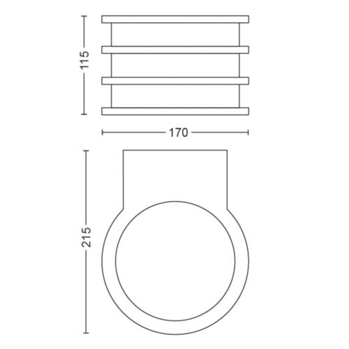 Line drawing showing top and side views of a cylindrical lighting fixture with labeled height and width dimensions in millimeters.