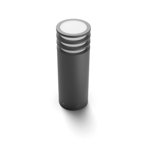 Black cylindrical outdoor smart lighting bollard with matte finish, featuring a round white diffuser and horizontal grooves near the top.