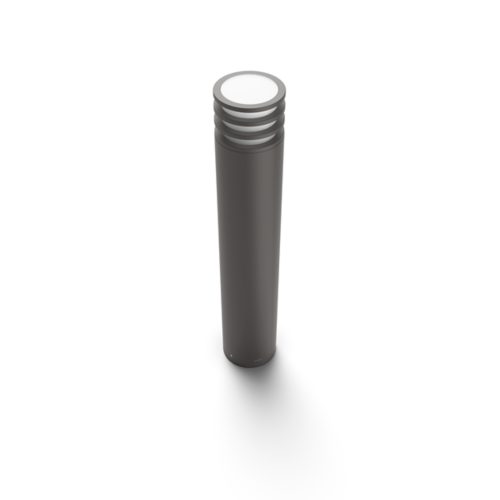 Outdoor bollard light, cylindrical shape, dark gray color, matte finish, with a flat top diffuser and horizontal ridges near the top.