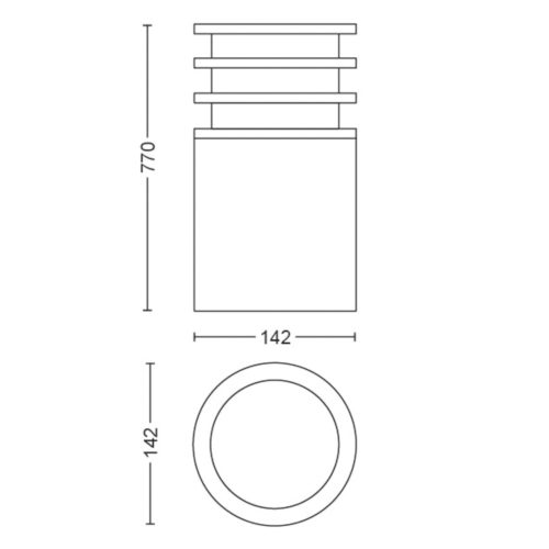 Line drawing showing front and top views of a cylindrical outdoor light with dimensions labeled for height and diameter.