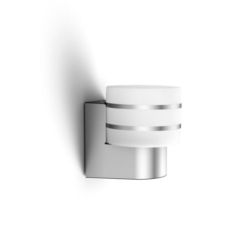 Compact cylindrical outdoor wall light with a matte silver finish, featuring two horizontal metallic bands and a white diffuser.