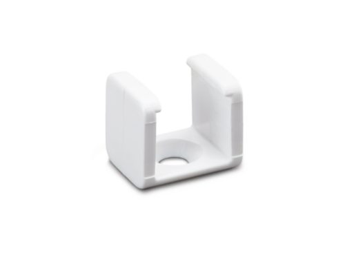 White plastic mounting clip with a compact rectangular shape and matte finish, featuring an open slot and a central circular hole.