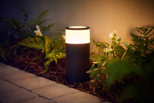 Outdoor cylindrical smart light fixture placed on garden soil near plants, illuminating the surrounding area and adjacent wall.