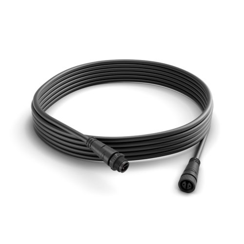 Black extension cable with cylindrical connectors on both ends, matte finish, coiled and designed for electronic device connectivity.
