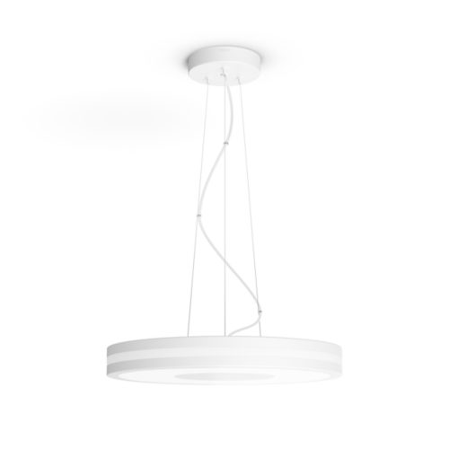White circular pendant light with a matte finish, suspended from the ceiling by cables, featuring a compact, modern design.