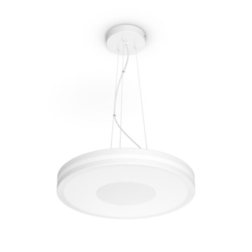 Round white pendant light with matte finish, suspended by cables from ceiling mount, featuring a central circular panel.