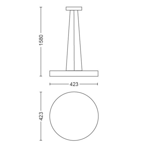 Technical drawing showing the dimensions and top view layout of a tall, round-based lighting fixture with labeled height and diameter.
