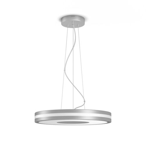 Round pendant light with a silver finish, suspended by cables from the ceiling mount, featuring a compact and modern design.
