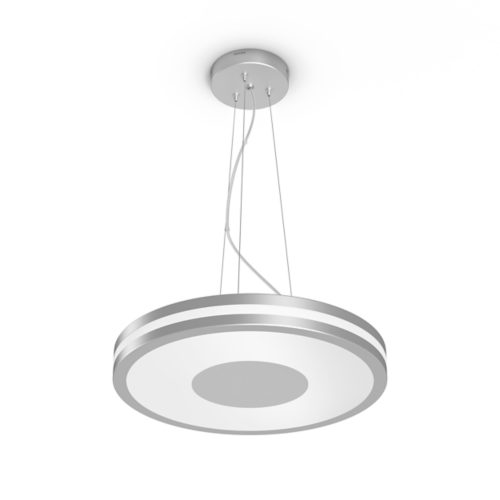 Round pendant smart ceiling light in silver finish, suspended by cables, featuring a smooth matte surface and central circular detail.