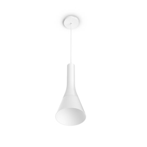 White pendant light with cone-shaped shade, smooth matte finish, suspended from ceiling mount with visible cord, no switches or ports.