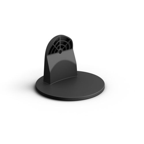 Black round accessory stand with a curved back panel featuring a vented grid design, shown with a matte finish and compact shape.