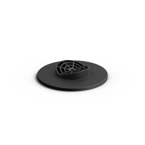Round black plastic accessory with a matte finish, featuring a raised grid pattern and compact circular shape.
