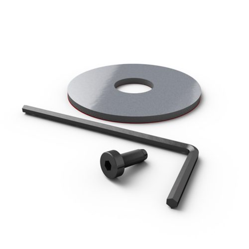 A circular metal washer, a hex key, and a black hex socket screw placed on a white background.