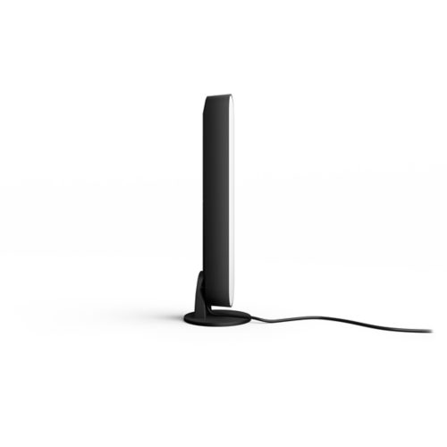 Black oval-shaped smart light bar with a matte finish, standing vertically on a round base with a visible power cord attached.