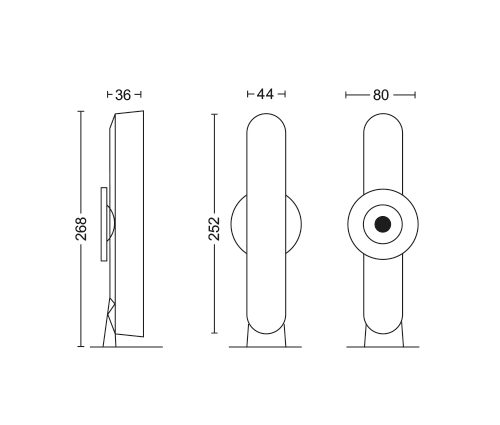 Technical drawing showing front, side, and top views of a smart device with labeled dimensions and a central circular feature.