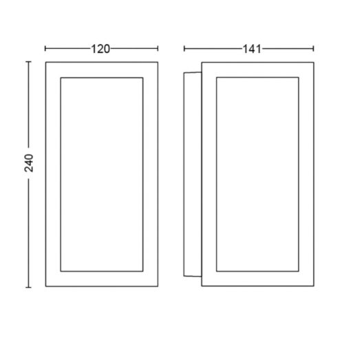 Technical drawing showing front and side views of a rectangular wall-mounted device with labeled dimensions for installation reference.