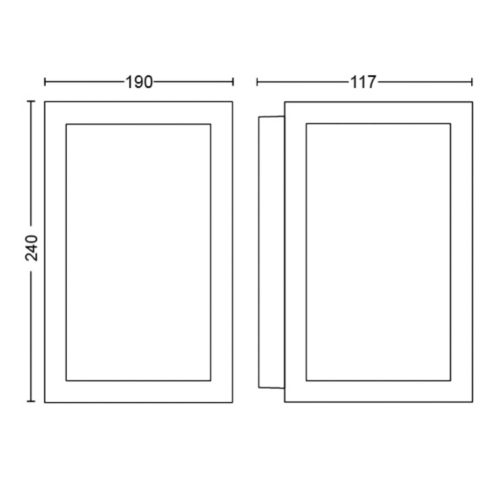 Technical drawing showing front and side views of a rectangular product with labeled width and height dimensions in millimeters.