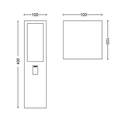 Technical drawing of a rectangular outdoor lighting fixture with labeled height and width measurements, showing front and top views.