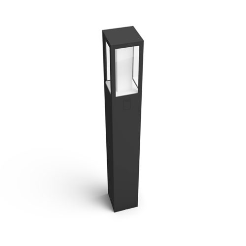 Black rectangular outdoor bollard light with clear glass panels, matte finish, and a compact geometric design.