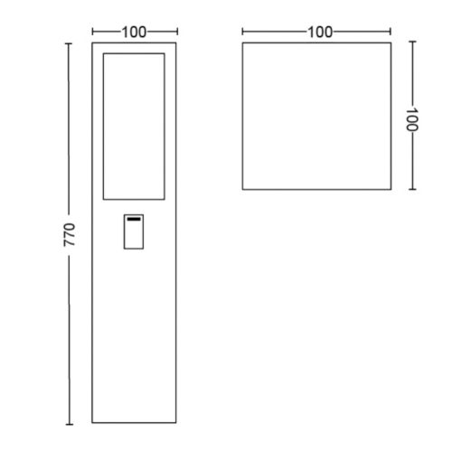 Technical drawing showing front and top views of a rectangular outdoor lighting fixture with labeled height and width dimensions.