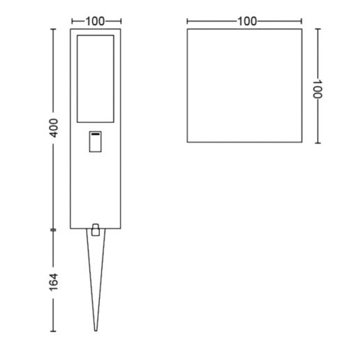Technical drawing of a rectangular outdoor light fixture with labeled height, width, and stake length measurements in millimeters.
