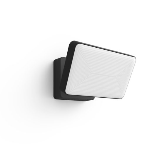 Rectangular wall-mounted smart outdoor light with a black base and white matte finish panel featuring concentric line detailing.